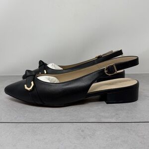 Cole Haan Menlo Black Leather Pointed-Toe Slingback Flats with Gold Hardware 9B